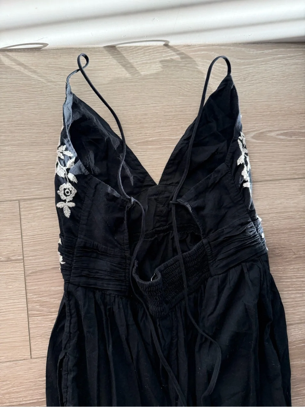 Abercrombie and Fitch Black Embroidered V-Neck Maxi Dress with Spaghetti Straps